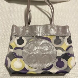 Coach Julia Op Art Gray and Purple Tote with Bold Geometric Print